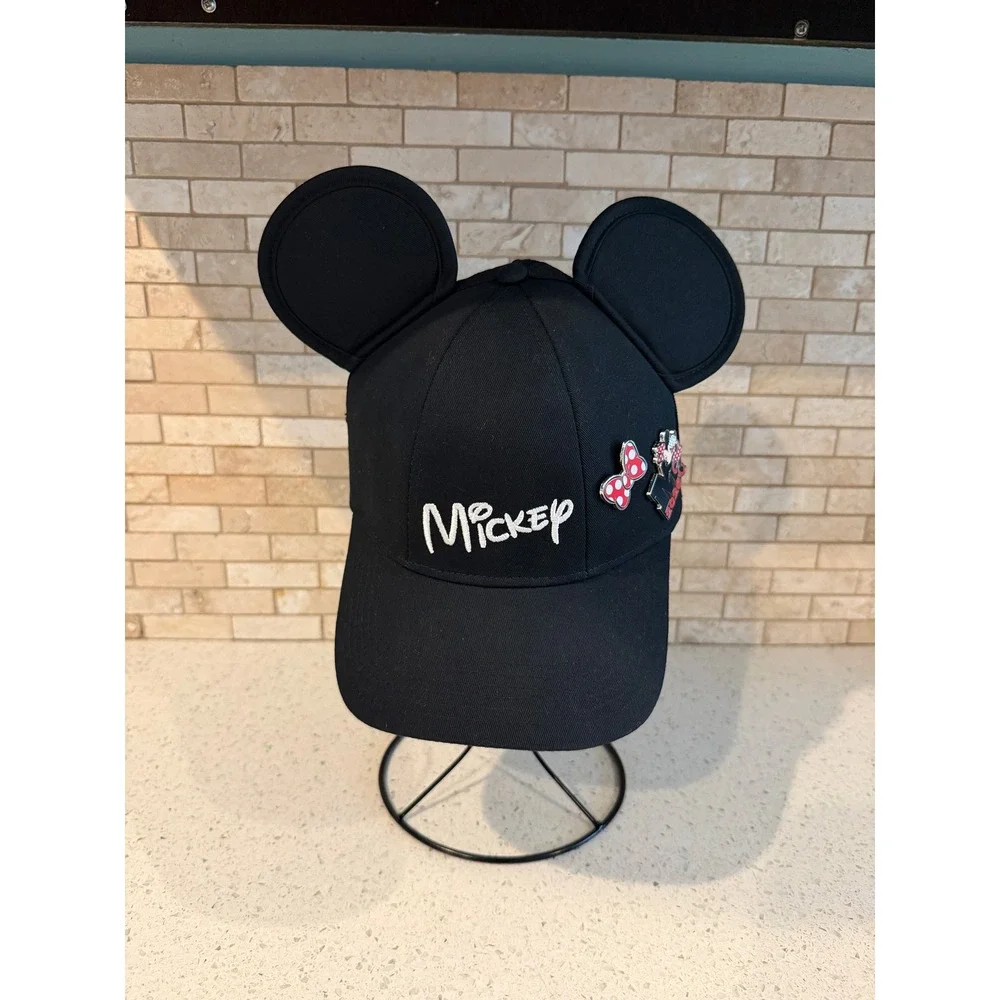 Disney Mickey Mouse Ear Cap Embroidered Text Bow & Year Pins OSFM Black
